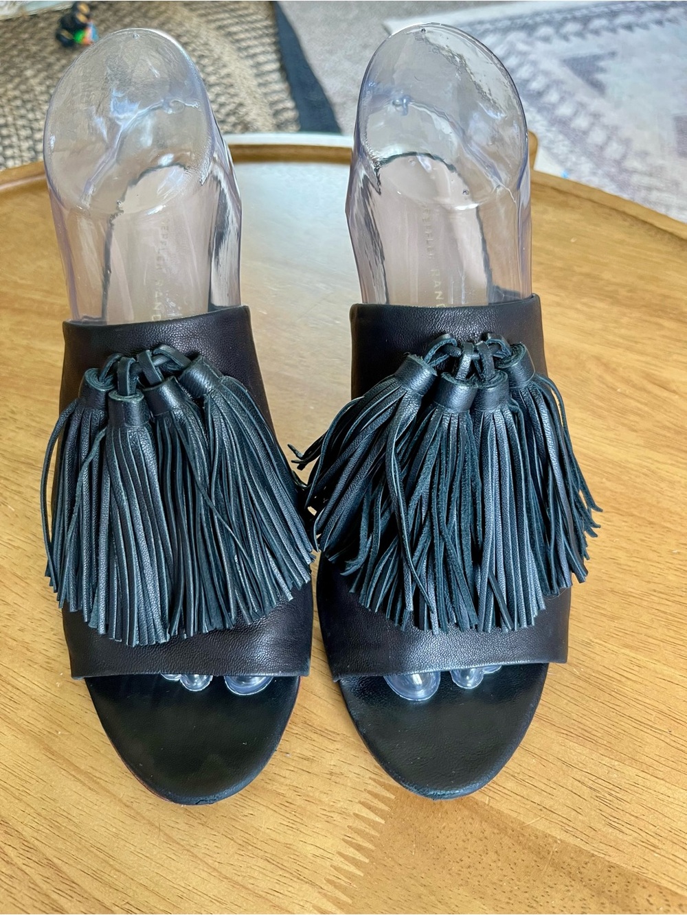 Loeffler Randall Black Leather Tassel Mule Sandals Block Heel Slides Size 8.5B